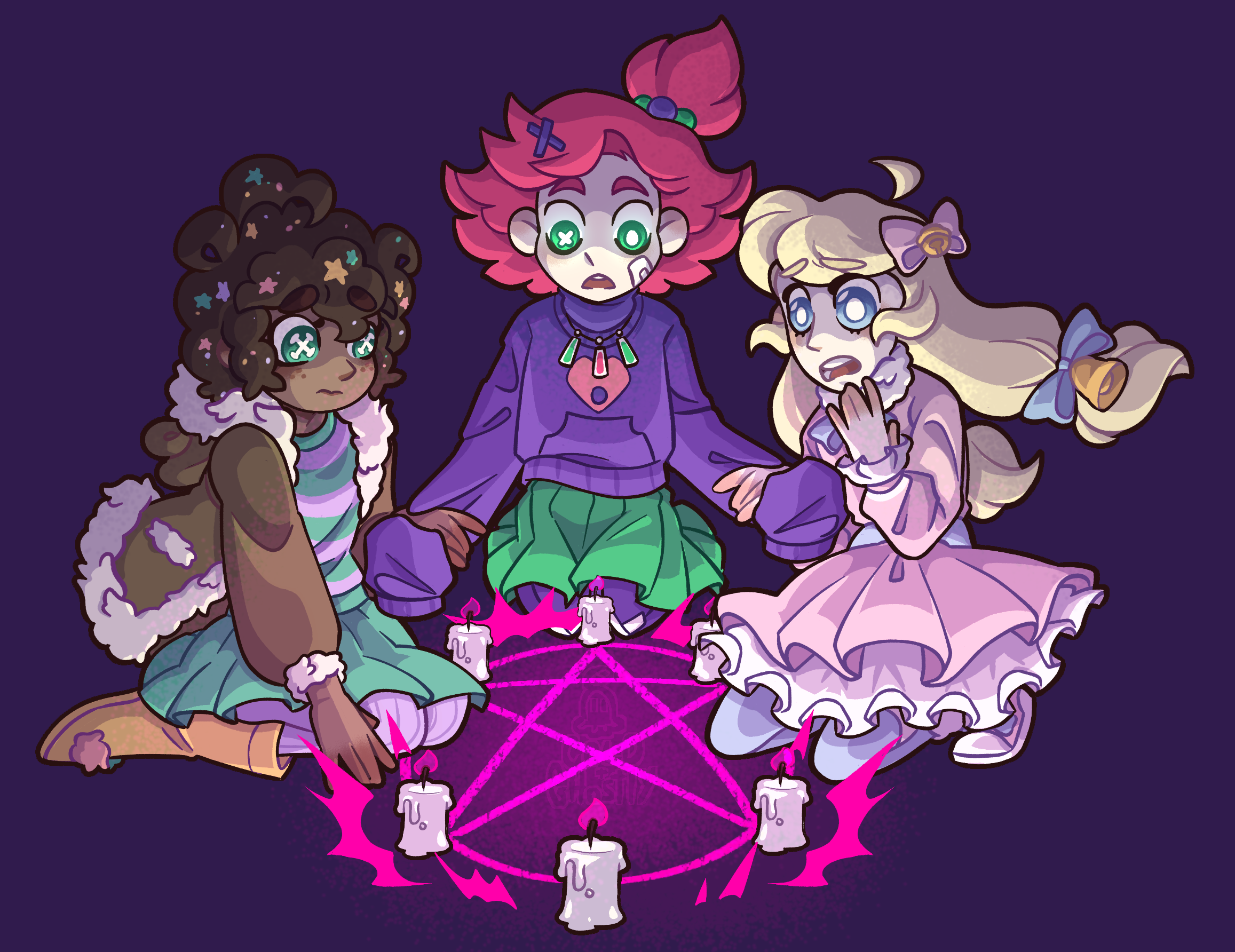 The Neo Trio from Epithet Erased sat around a summoning circle as Trixie attempts to summon a ghost.